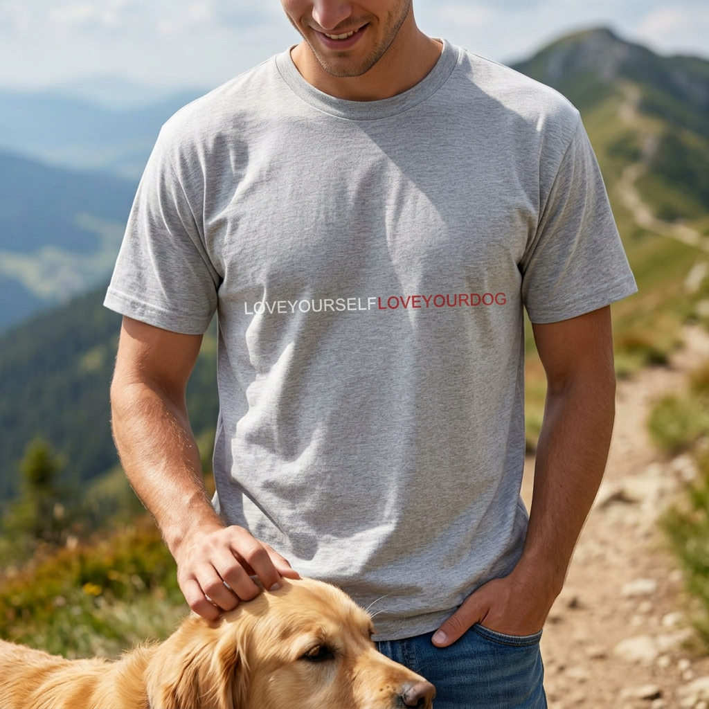 Woman hiking with Golden Retriever wearing THE EMMA pink boxy tee with LOVEYOURSELFLOVEYOURDOG text