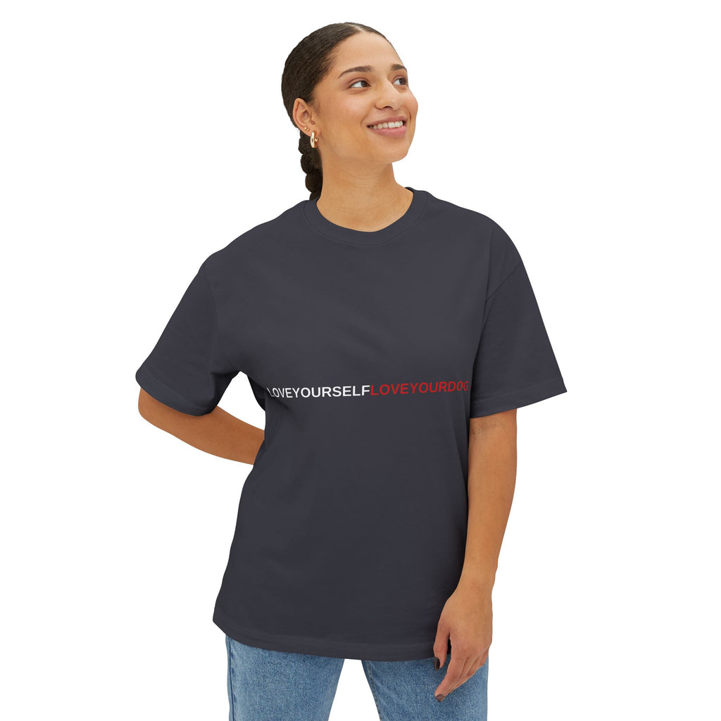 THE EMMA Boxy Tee — Vertical "Love Yourself, Love Your Dog" / "Future Dog" Minimal Tee