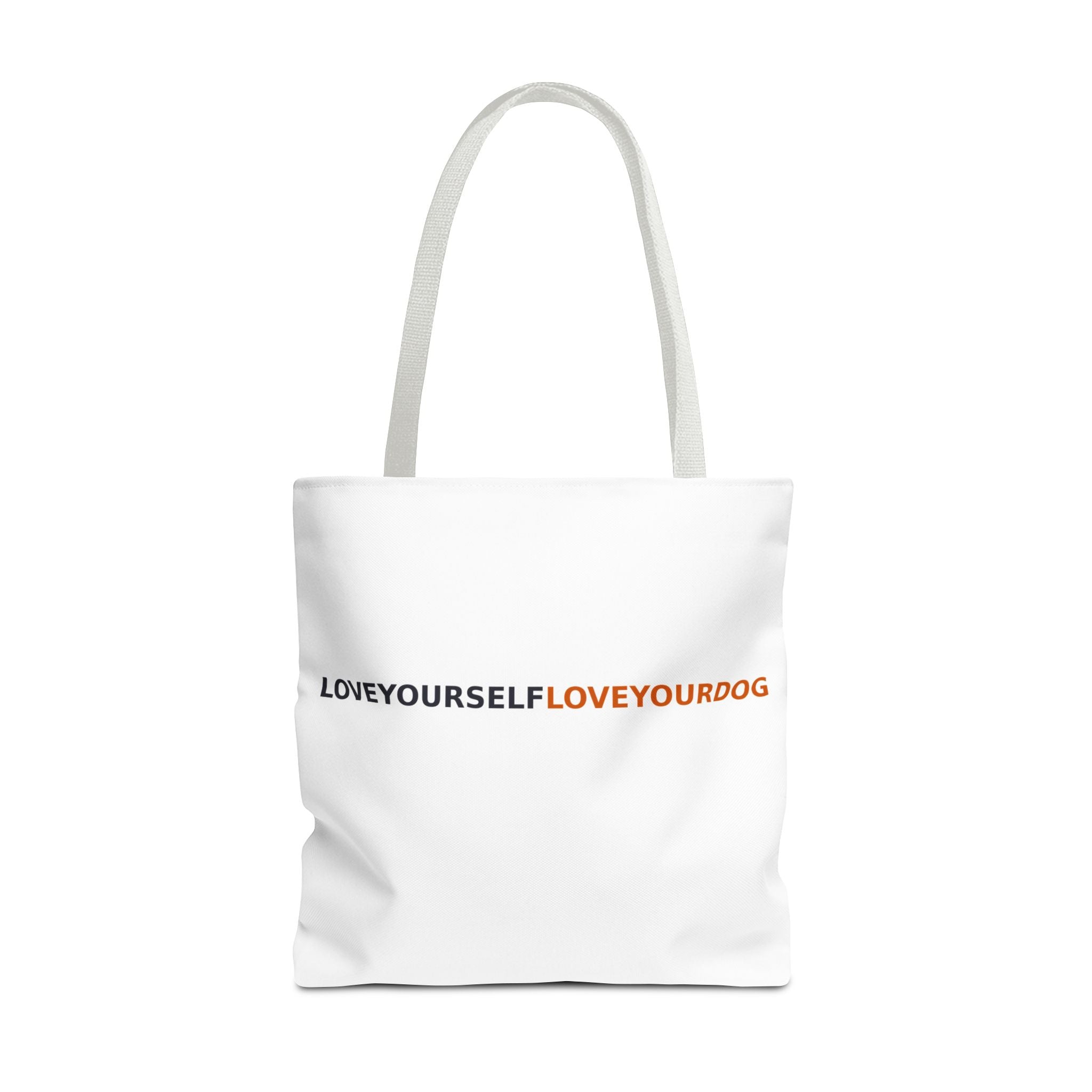 Love Yourself Love Your Dog Tote Bag — Repeating Text AOP Canvas Tote