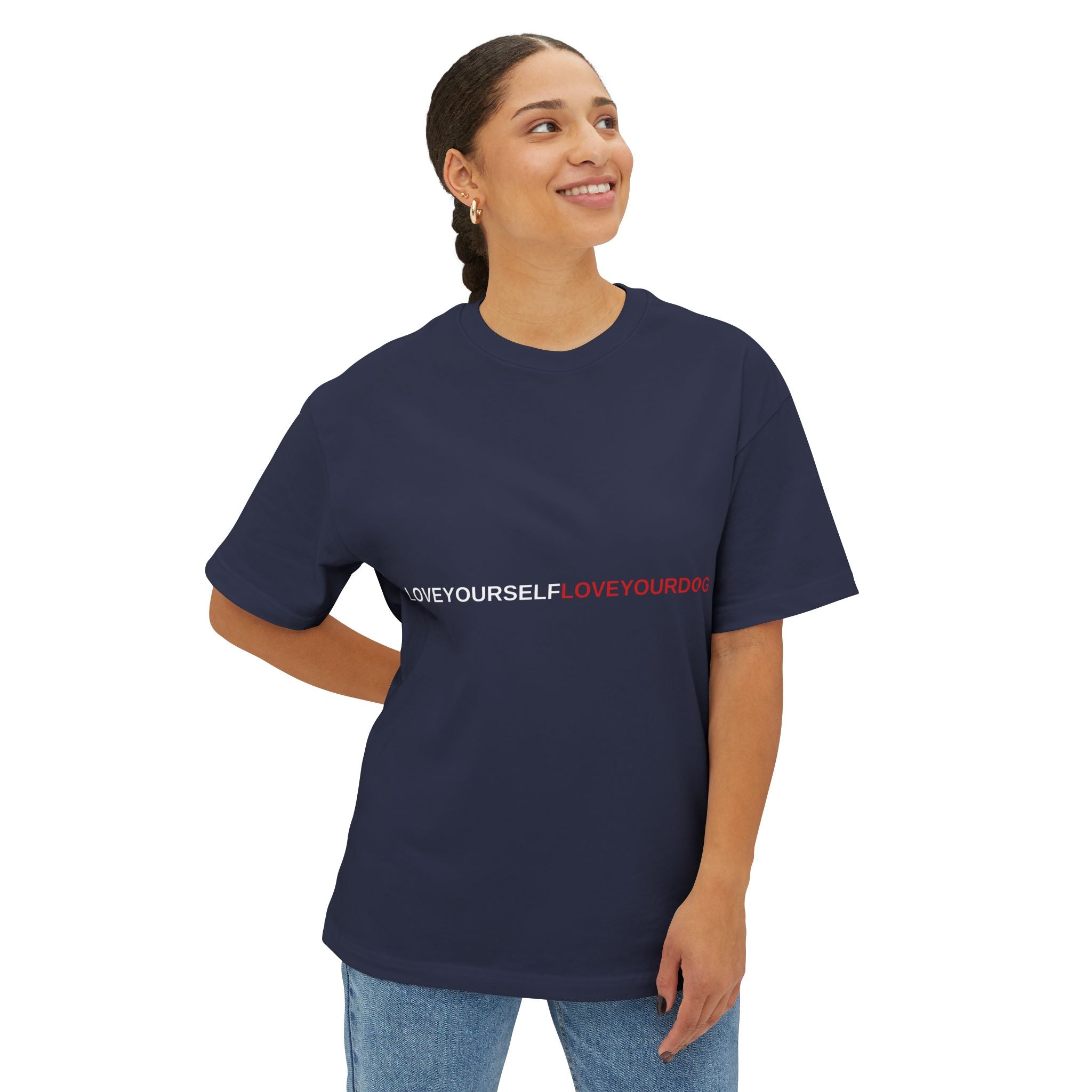 THE EMMA Boxy Tee — Vertical "Love Yourself, Love Your Dog" / "Future Dog" Minimal Tee