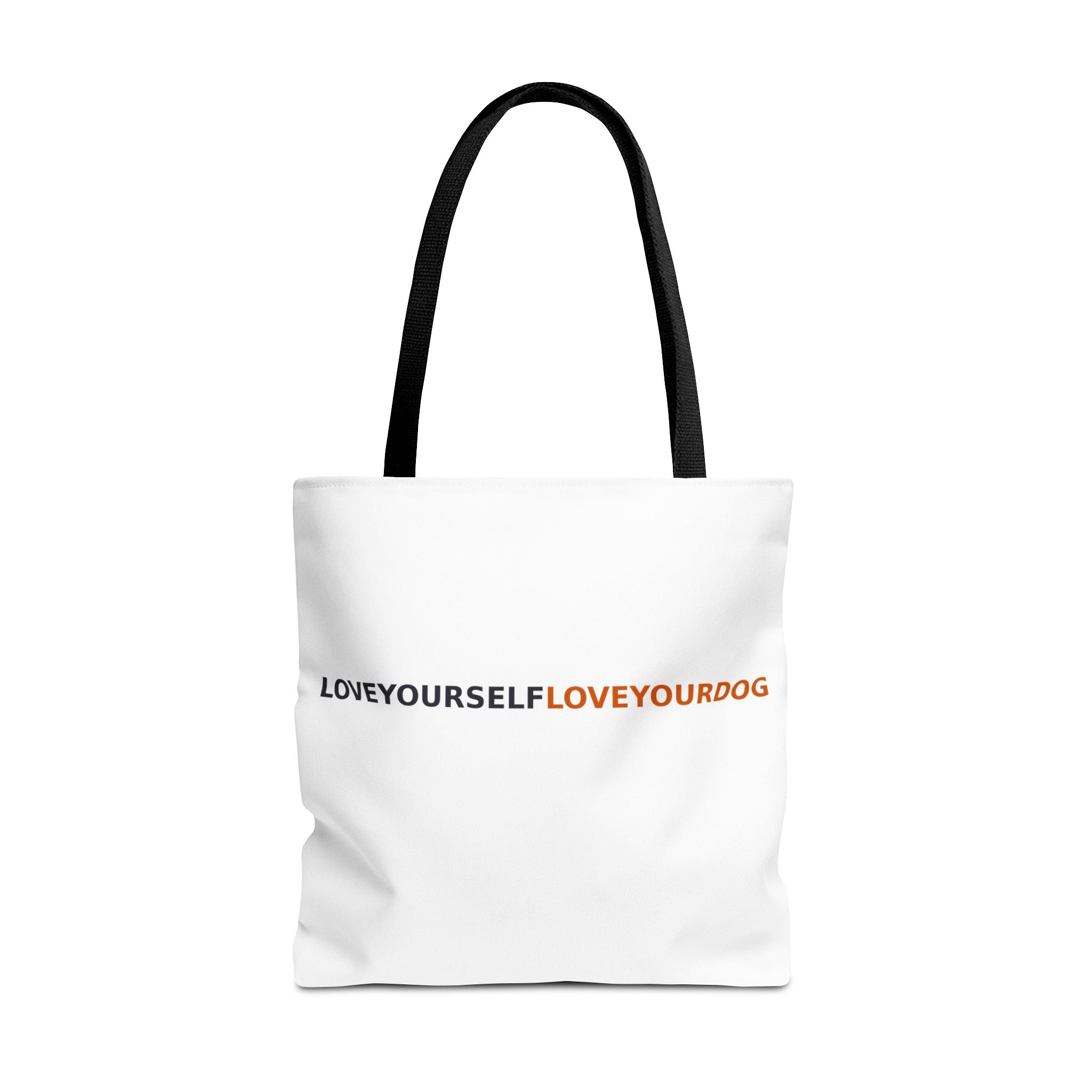 Love Yourself Love Your Dog Tote Bag — Repeating Text AOP Canvas Tote