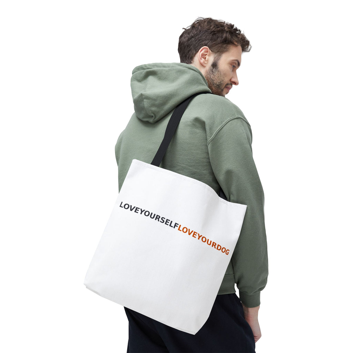 Love Yourself Love Your Dog Tote Bag — Repeating Text AOP Canvas Tote