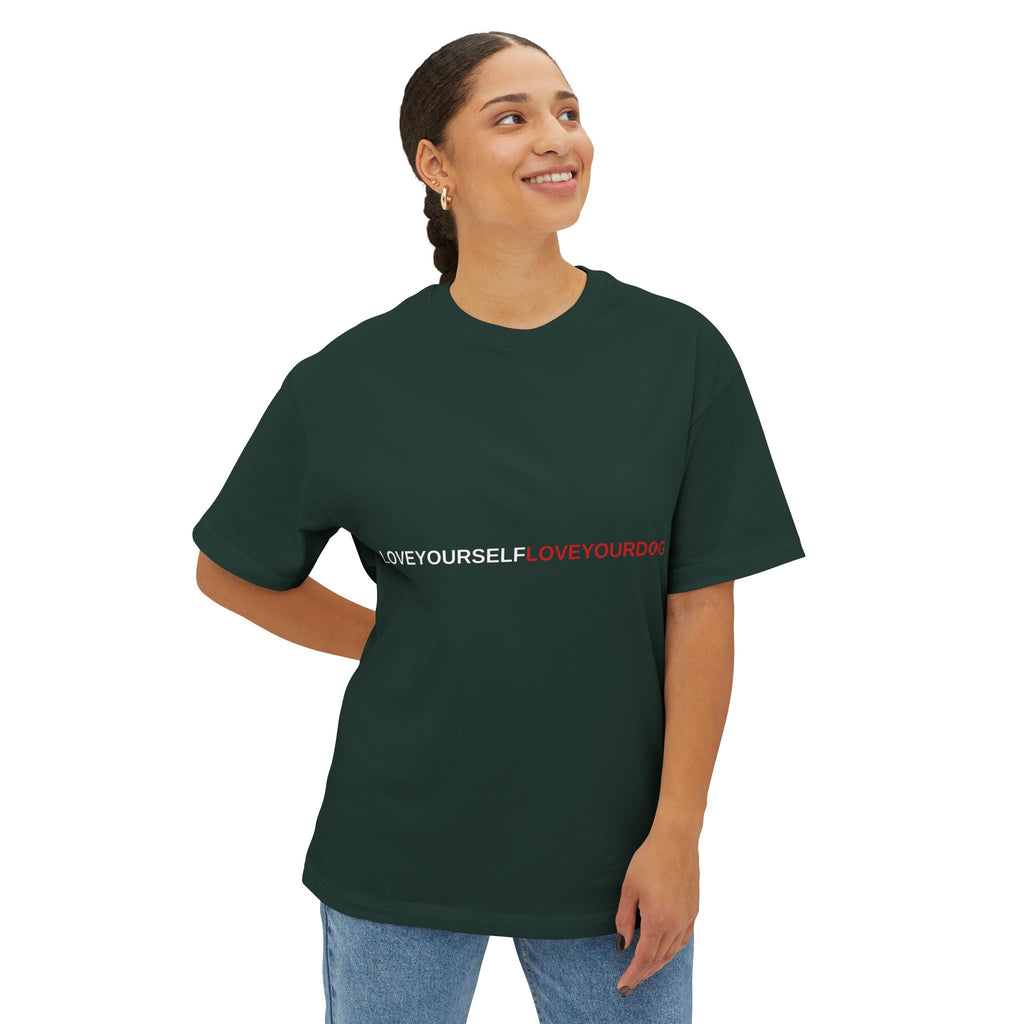 THE EMMA Boxy Tee — Vertical "Love Yourself, Love Your Dog" / "Future Dog" Minimal Tee