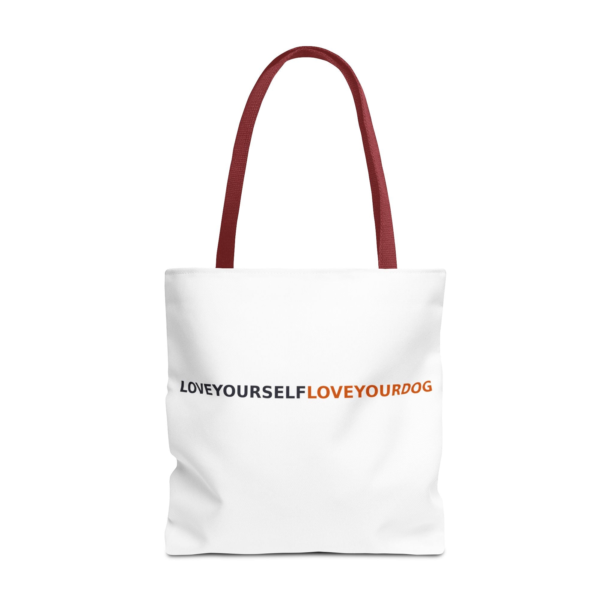 Love Yourself Love Your Dog Tote Bag — Repeating Text AOP Canvas Tote