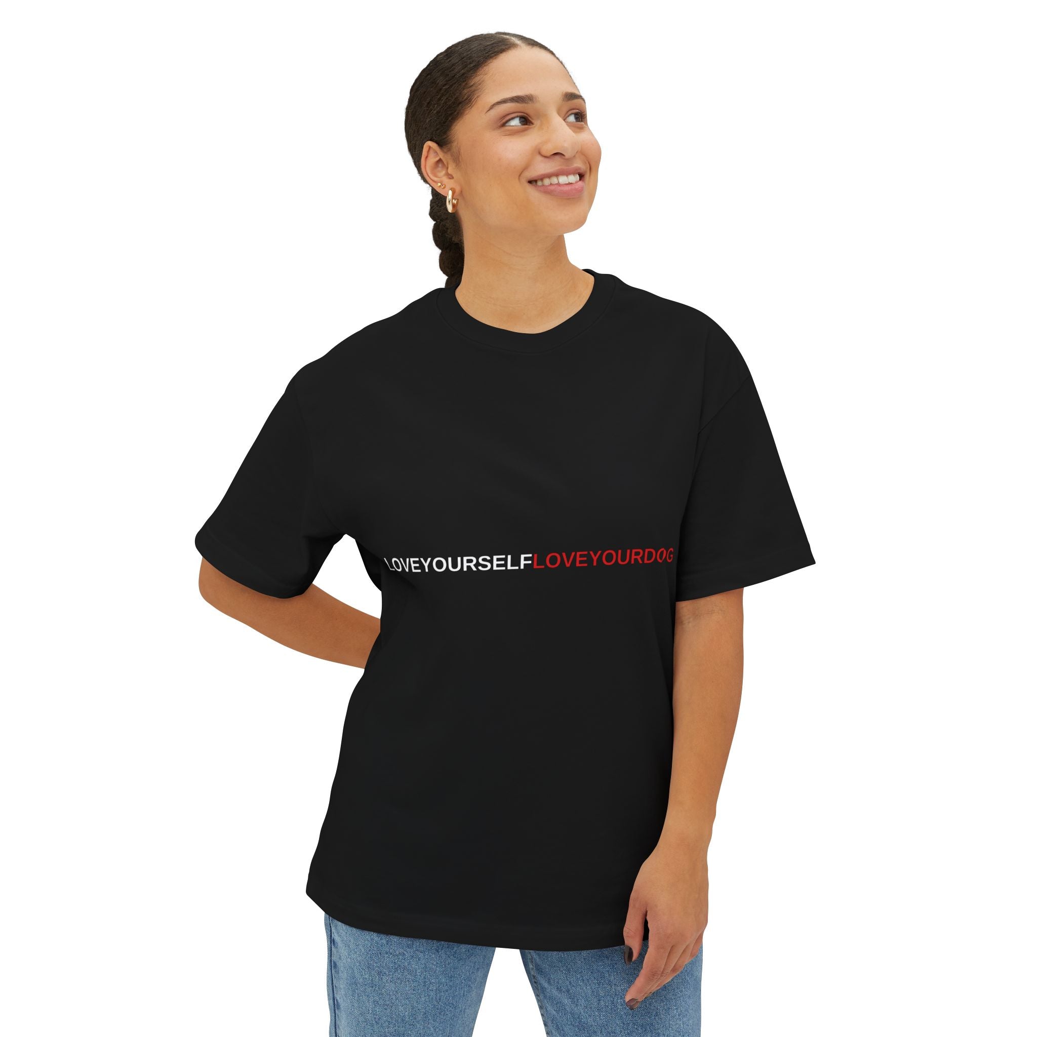 THE EMMA Boxy Tee — Vertical "Love Yourself, Love Your Dog" / "Future Dog" Minimal Tee